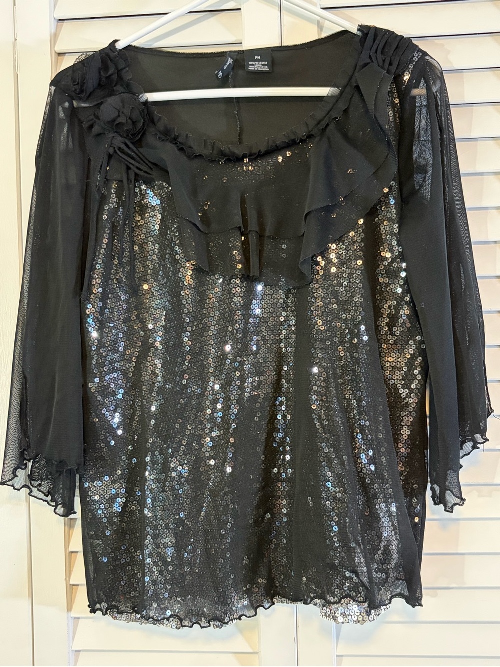 new directions Black Sequin Ruffle Mesh Blouse